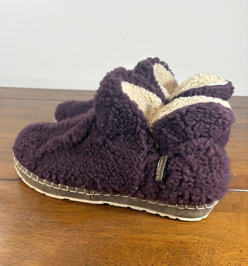 LL Bean Cozy Slipper Booties Womens 10 Purple Dark Plum Sherpa Fleece 507186